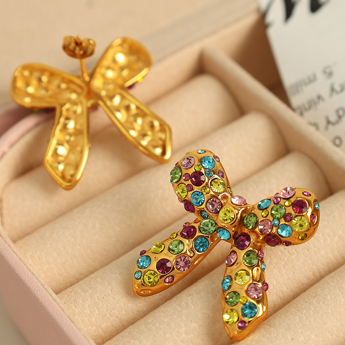 Mint / 1 Pair Simple Series Retro Bow Knot Stainless Steel  Gold Color Rhinestone Women's Stud Earrings Picture3